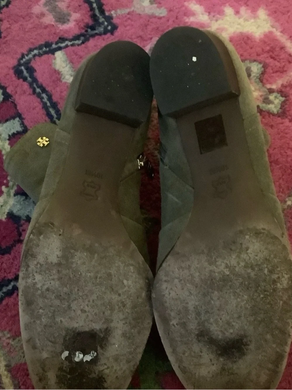 Tory Burch Sage Green Suede Ankle Booties with Gold Logo Accent